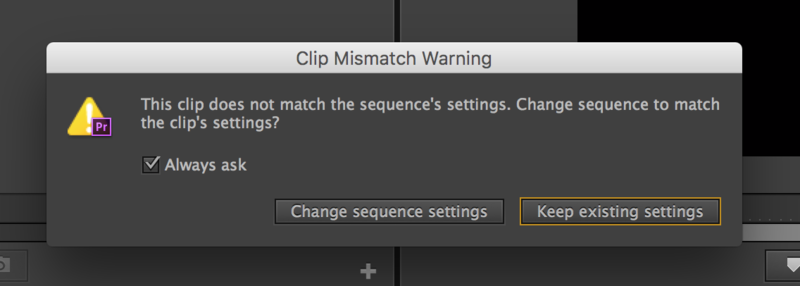 Chosen change. Keep existing settings. Change sequence. Keep existing setting or change sequence settings. Premier Adobe sequence settings blocked.